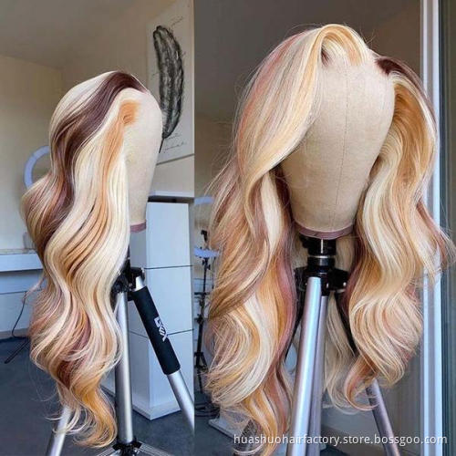 Straight 613 Blonde Highlight Brown Lace Frontal Wigs Glueless HD Transparent Full Pre Plucked Human Hair Wigs For Women